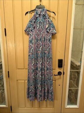 Soma Paisley Halter Maxi Dress in Blue and Pink Large